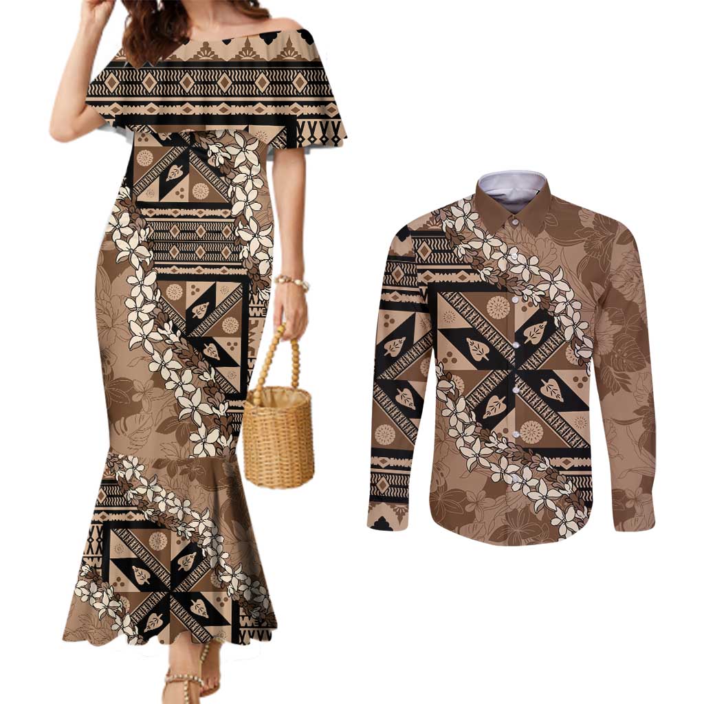 Bula Fiji Plumeria Tagimoucia Salusalu Mocha Couples Matching Mermaid Dress and Long Sleeve Button Shirt Kaiviti Masi - Polynesian Pride