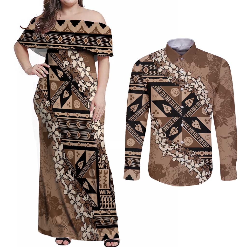 Bula Fiji Plumeria Tagimoucia Salusalu Mocha Couples Matching Off Shoulder Maxi Dress and Long Sleeve Button Shirt Kaiviti Masi - Polynesian Pride