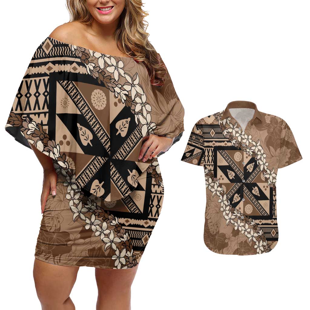 Bula Fiji Plumeria Tagimoucia Salusalu Mocha Couples Matching Off Shoulder Short Dress and Hawaiian Shirt Kaiviti Masi - Polynesian Pride