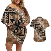 Bula Fiji Plumeria Tagimoucia Salusalu Mocha Couples Matching Off Shoulder Short Dress and Hawaiian Shirt Kaiviti Masi - Polynesian Pride