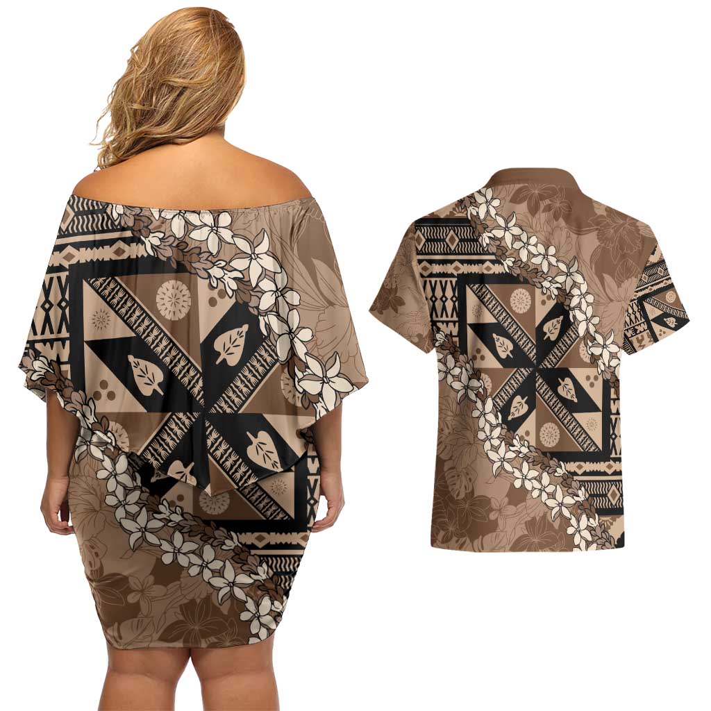 Bula Fiji Plumeria Tagimoucia Salusalu Mocha Couples Matching Off Shoulder Short Dress and Hawaiian Shirt Kaiviti Masi - Polynesian Pride