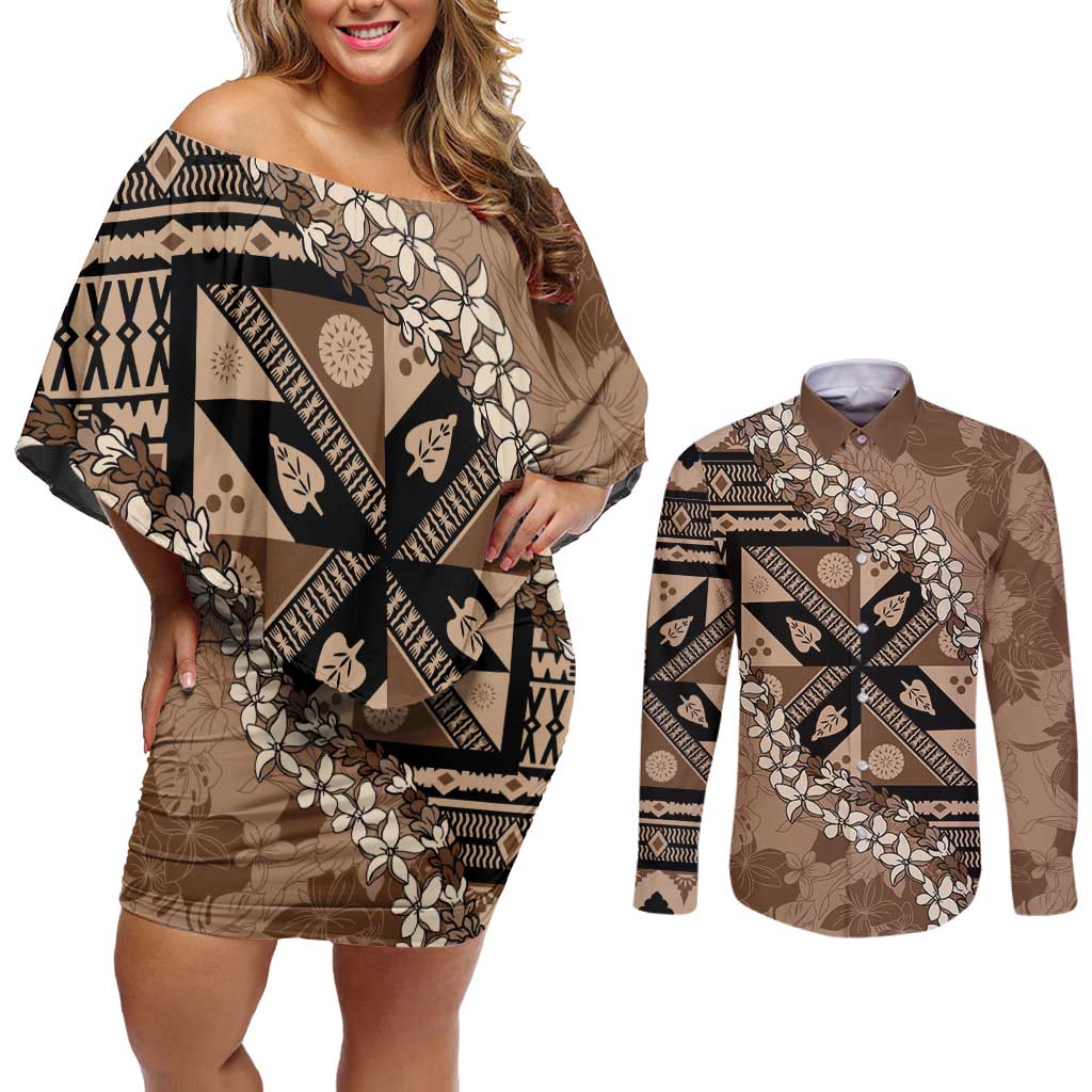 Bula Fiji Plumeria Tagimoucia Salusalu Mocha Couples Matching Off Shoulder Short Dress and Long Sleeve Button Shirt Kaiviti Masi - Polynesian Pride