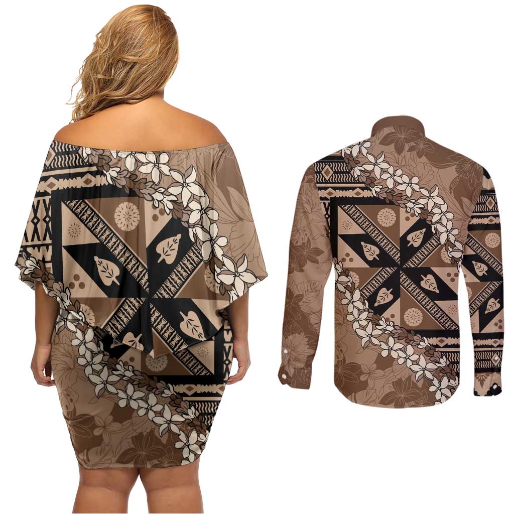 Bula Fiji Plumeria Tagimoucia Salusalu Mocha Couples Matching Off Shoulder Short Dress and Long Sleeve Button Shirt Kaiviti Masi - Polynesian Pride