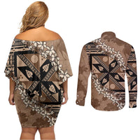 Bula Fiji Plumeria Tagimoucia Salusalu Mocha Couples Matching Off Shoulder Short Dress and Long Sleeve Button Shirt Kaiviti Masi - Polynesian Pride
