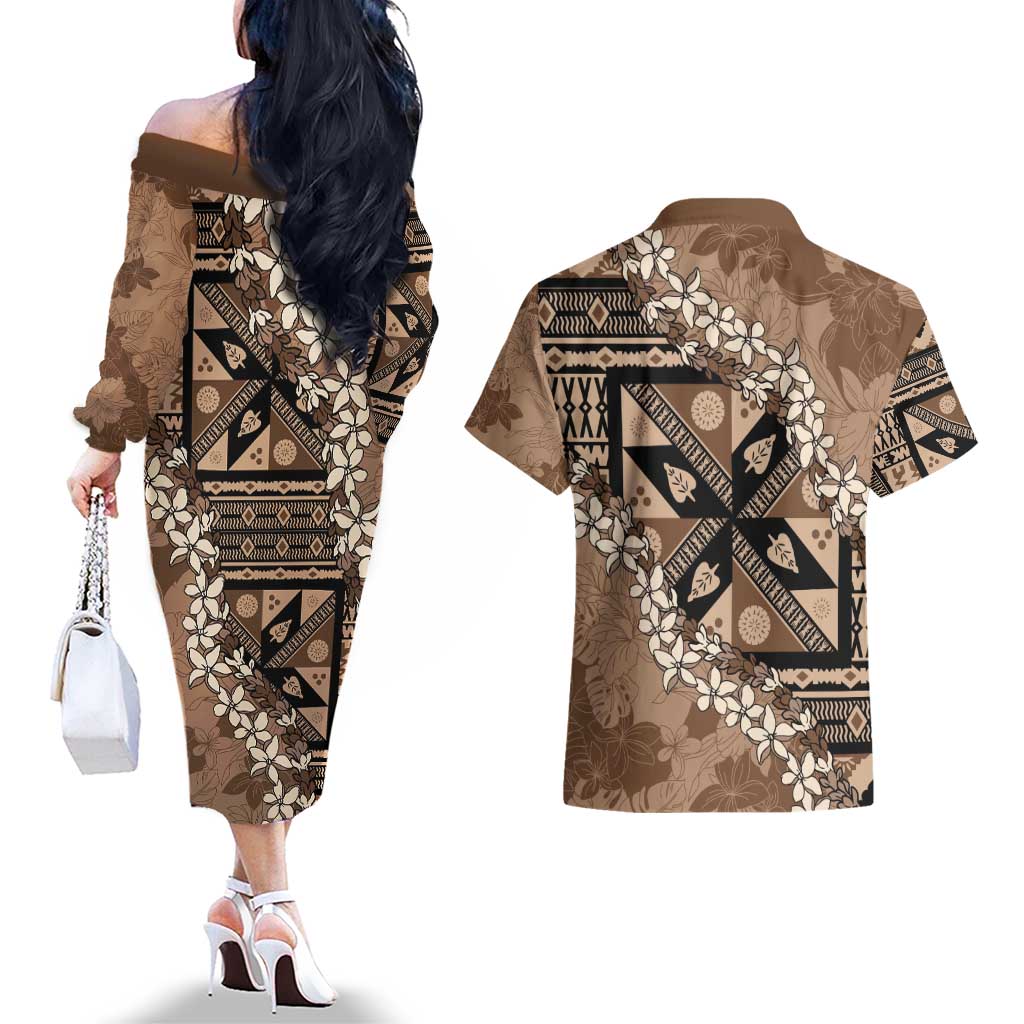 Bula Fiji Plumeria Tagimoucia Salusalu Mocha Couples Matching Off The Shoulder Long Sleeve Dress and Hawaiian Shirt Kaiviti Masi - Polynesian Pride