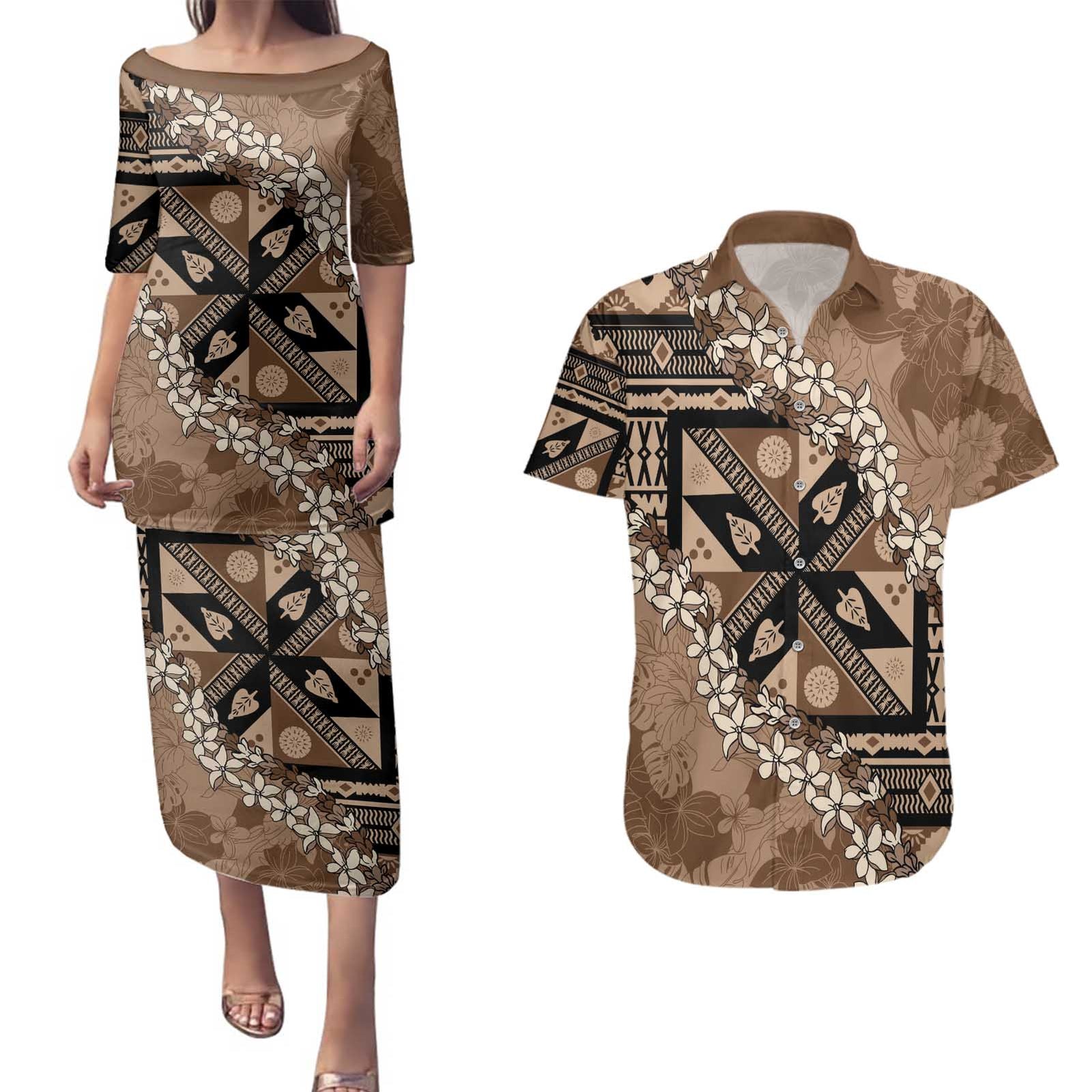 Bula Fiji Plumeria Tagimoucia Salusalu Mocha Couples Matching Puletasi and Hawaiian Shirt Kaiviti Masi - Polynesian Pride