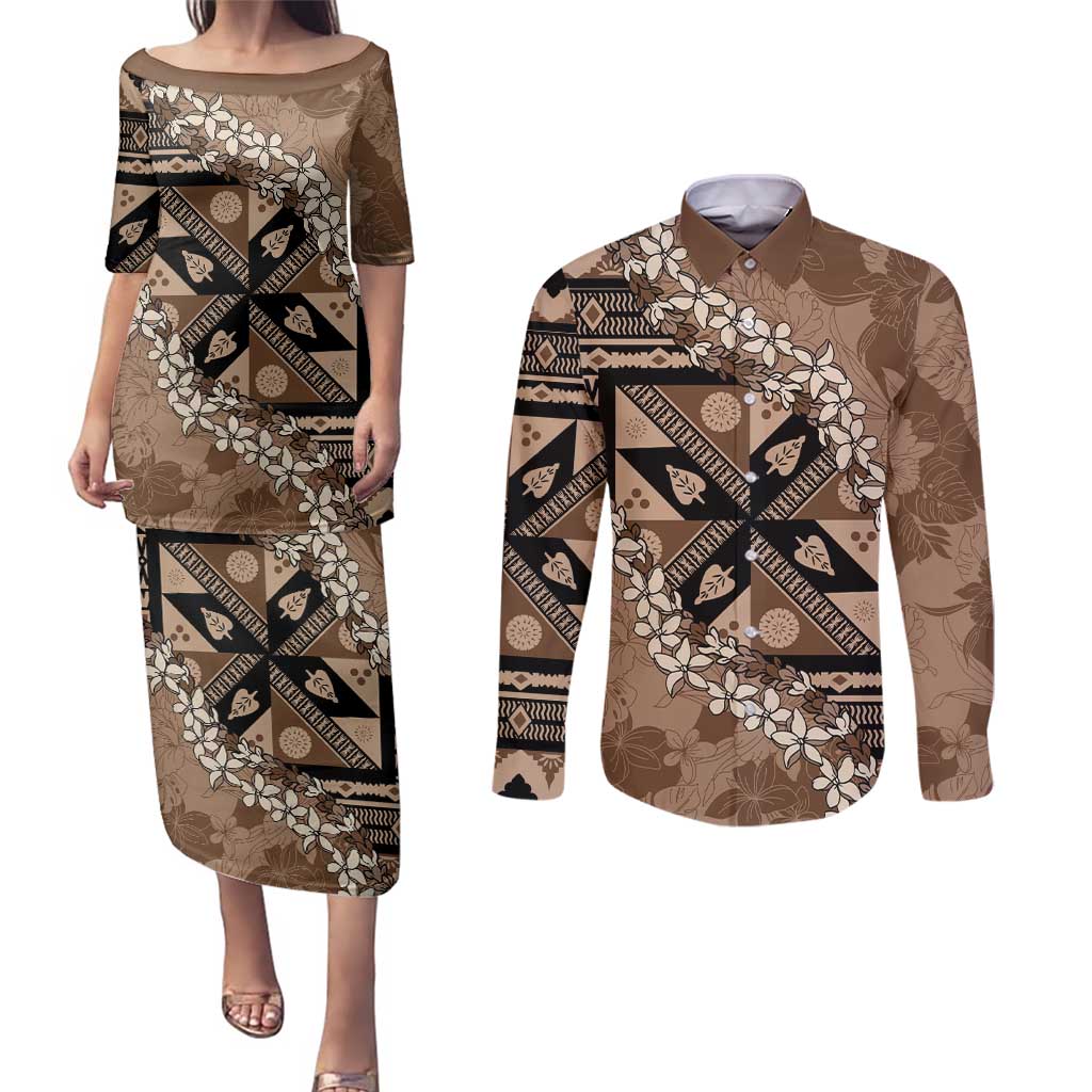 Bula Fiji Plumeria Tagimoucia Salusalu Mocha Couples Matching Puletasi and Long Sleeve Button Shirt Kaiviti Masi - Polynesian Pride