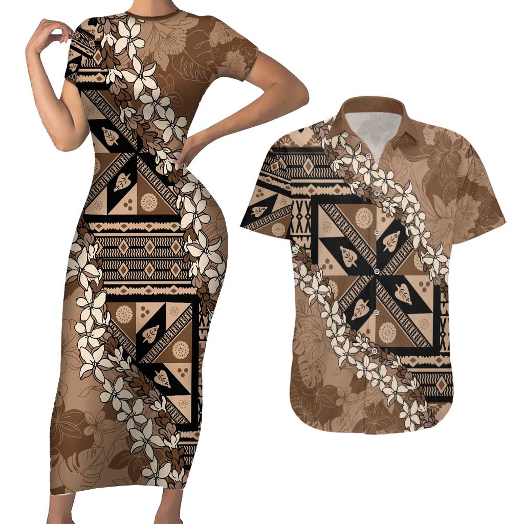 Bula Fiji Plumeria Tagimoucia Salusalu Mocha Couples Matching Short Sleeve Bodycon Dress and Hawaiian Shirt Kaiviti Masi - Polynesian Pride