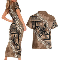 Bula Fiji Plumeria Tagimoucia Salusalu Mocha Couples Matching Short Sleeve Bodycon Dress and Hawaiian Shirt Kaiviti Masi - Polynesian Pride