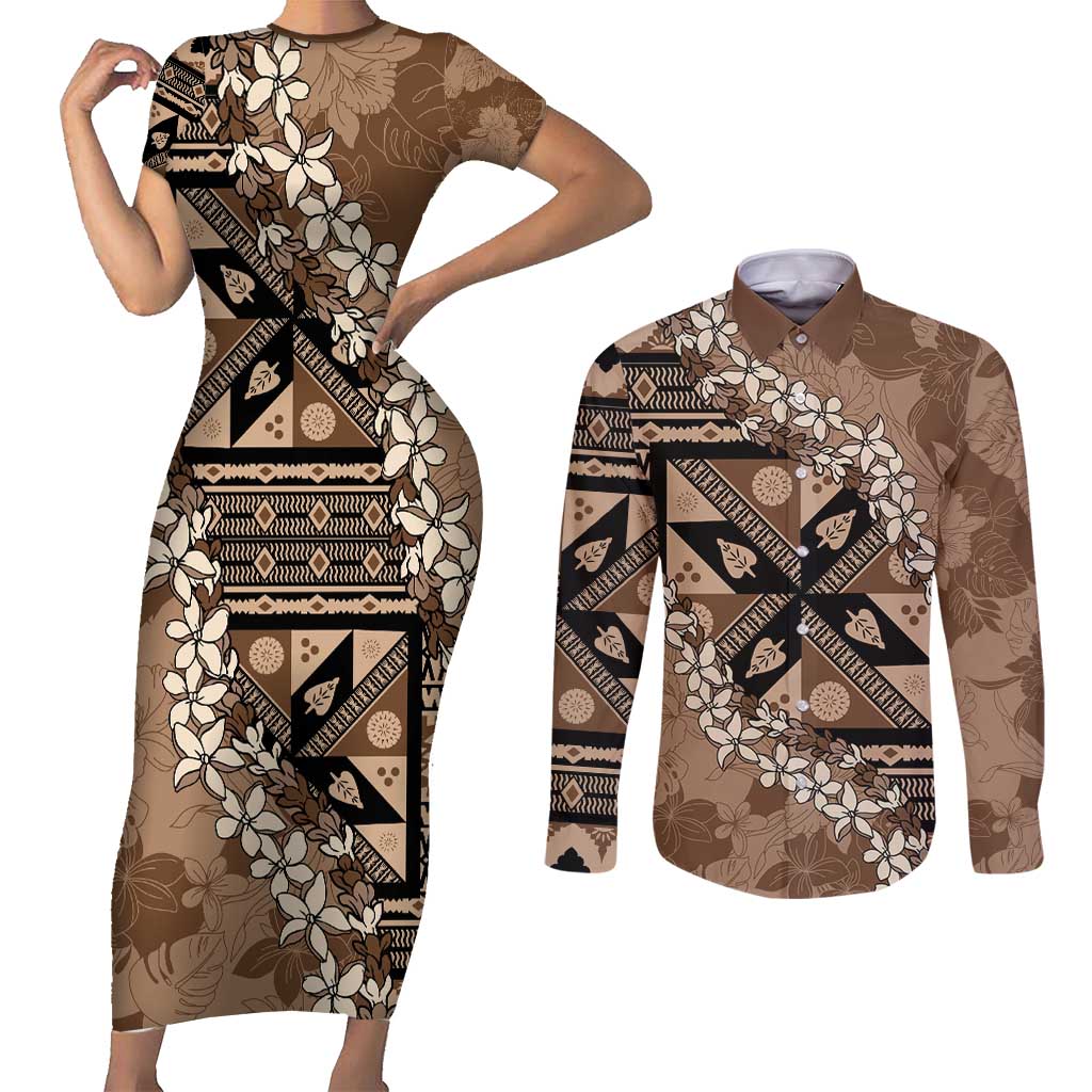 Bula Fiji Plumeria Tagimoucia Salusalu Mocha Couples Matching Short Sleeve Bodycon Dress and Long Sleeve Button Shirt Kaiviti Masi - Polynesian Pride