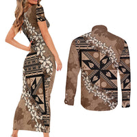 Bula Fiji Plumeria Tagimoucia Salusalu Mocha Couples Matching Short Sleeve Bodycon Dress and Long Sleeve Button Shirt Kaiviti Masi - Polynesian Pride