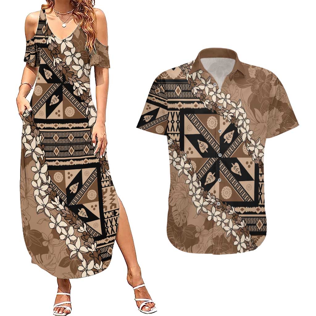 Bula Fiji Plumeria Tagimoucia Salusalu Mocha Couples Matching Summer Maxi Dress and Hawaiian Shirt Kaiviti Masi - Polynesian Pride