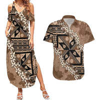 Bula Fiji Plumeria Tagimoucia Salusalu Mocha Couples Matching Summer Maxi Dress and Hawaiian Shirt Kaiviti Masi - Polynesian Pride