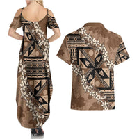 Bula Fiji Plumeria Tagimoucia Salusalu Mocha Couples Matching Summer Maxi Dress and Hawaiian Shirt Kaiviti Masi - Polynesian Pride