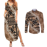 Bula Fiji Plumeria Tagimoucia Salusalu Mocha Couples Matching Summer Maxi Dress and Long Sleeve Button Shirt Kaiviti Masi - Polynesian Pride