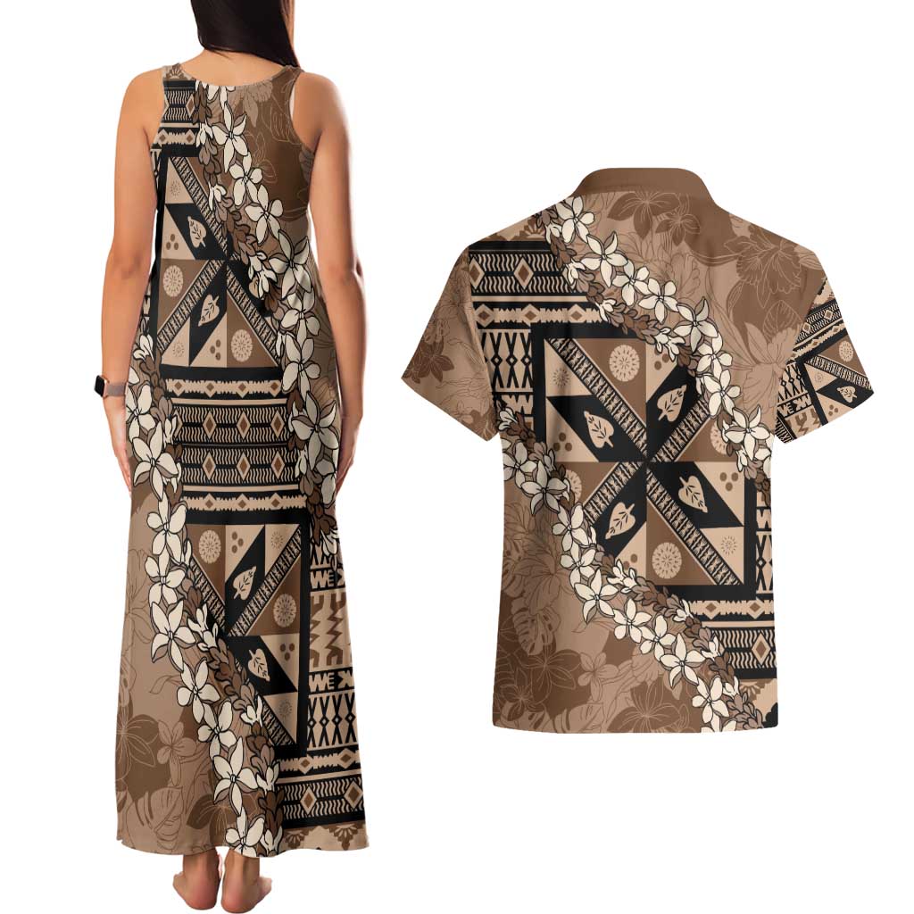 Bula Fiji Plumeria Tagimoucia Salusalu Mocha Couples Matching Tank Maxi Dress and Hawaiian Shirt Kaiviti Masi - Polynesian Pride