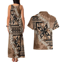 Bula Fiji Plumeria Tagimoucia Salusalu Mocha Couples Matching Tank Maxi Dress and Hawaiian Shirt Kaiviti Masi - Polynesian Pride