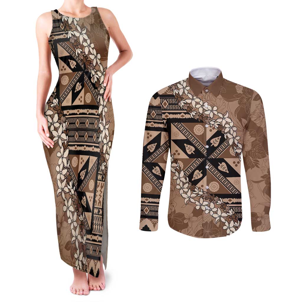 Bula Fiji Plumeria Tagimoucia Salusalu Mocha Couples Matching Tank Maxi Dress and Long Sleeve Button Shirt Kaiviti Masi - Polynesian Pride