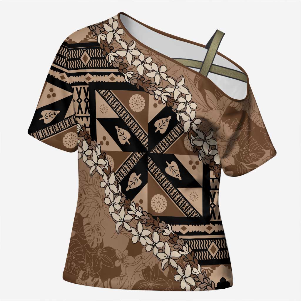 Bula Fiji Plumeria Tagimoucia Salusalu Mocha Cross Shoulder Shirt Kaiviti Masi - Polynesian Pride