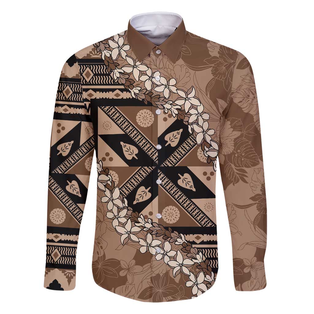 Bula Fiji Plumeria Tagimoucia Salusalu Mocha Family Matching Long Sleeve Bodycon Dress and Hawaiian Shirt Kaiviti Masi - Polynesian Pride
