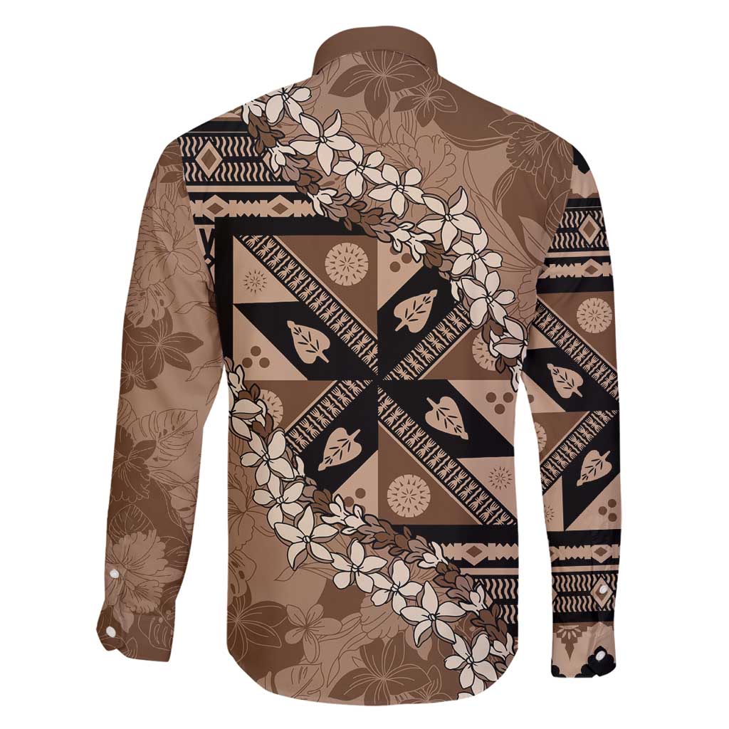 Bula Fiji Plumeria Tagimoucia Salusalu Mocha Family Matching Long Sleeve Bodycon Dress and Hawaiian Shirt Kaiviti Masi - Polynesian Pride