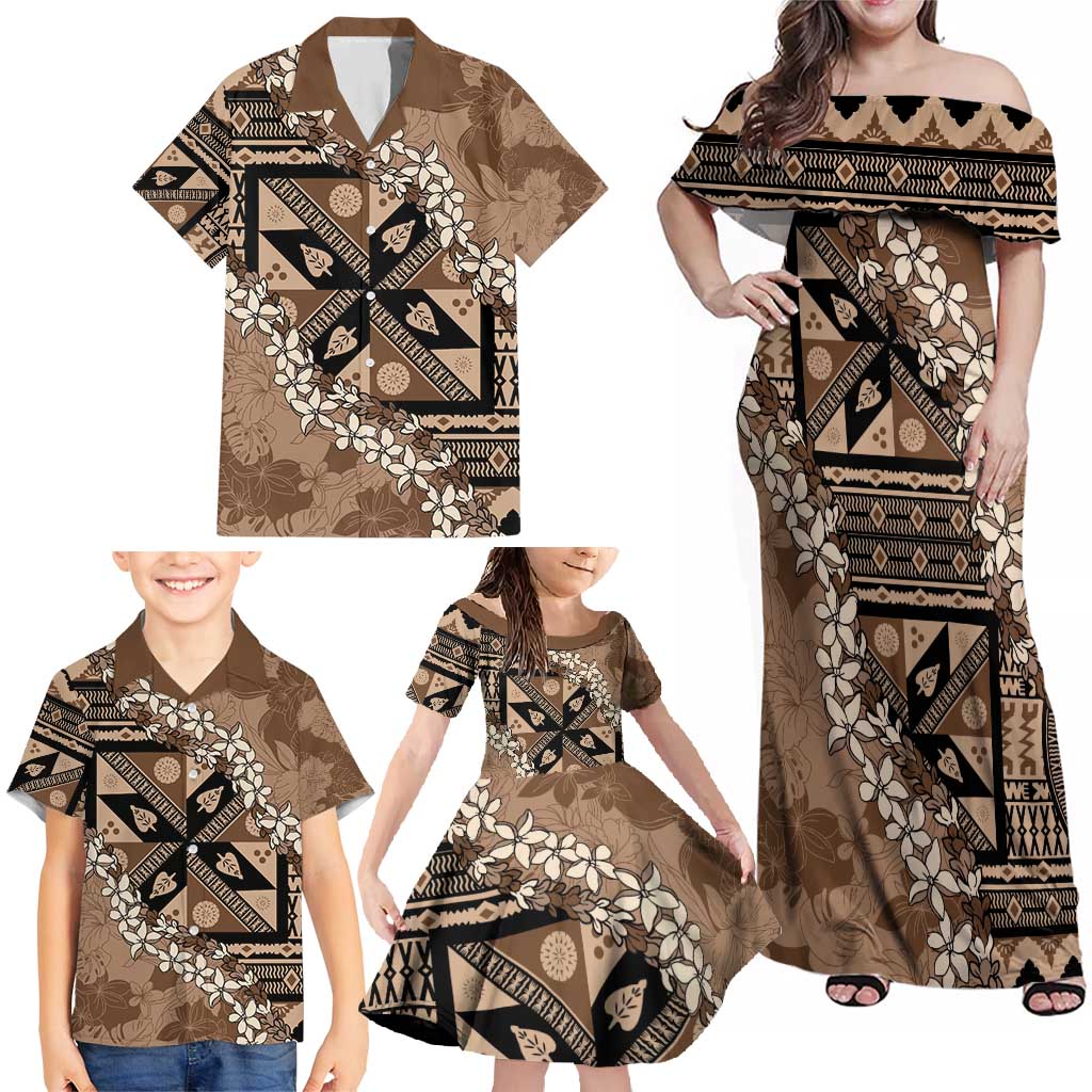 Bula Fiji Plumeria Tagimoucia Salusalu Mocha Family Matching Off Shoulder Maxi Dress and Hawaiian Shirt Kaiviti Masi - Polynesian Pride