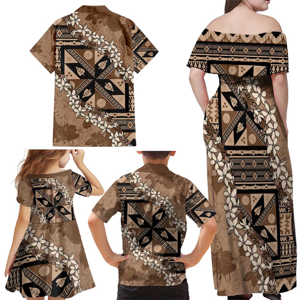 Bula Fiji Plumeria Tagimoucia Salusalu Mocha Family Matching Off Shoulder Maxi Dress and Hawaiian Shirt Kaiviti Masi - Polynesian Pride