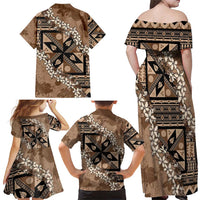 Bula Fiji Plumeria Tagimoucia Salusalu Mocha Family Matching Off Shoulder Maxi Dress and Hawaiian Shirt Kaiviti Masi - Polynesian Pride