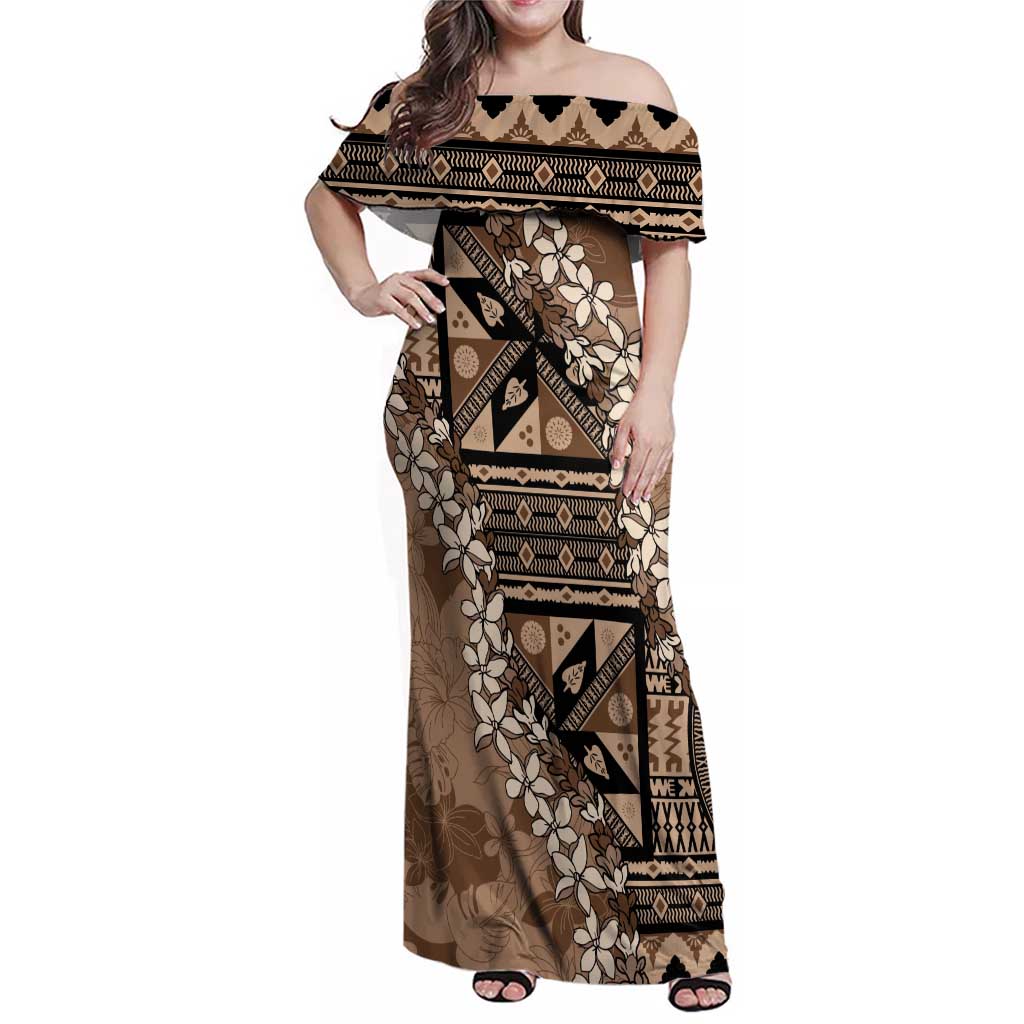 Bula Fiji Plumeria Tagimoucia Salusalu Mocha Family Matching Off Shoulder Maxi Dress and Hawaiian Shirt Kaiviti Masi - Polynesian Pride