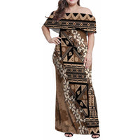 Bula Fiji Plumeria Tagimoucia Salusalu Mocha Family Matching Off Shoulder Maxi Dress and Hawaiian Shirt Kaiviti Masi - Polynesian Pride