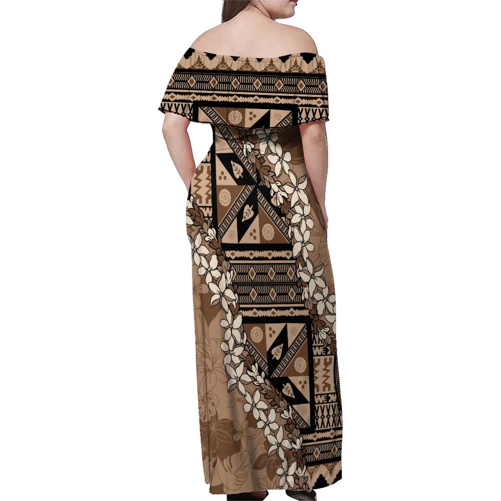 Bula Fiji Plumeria Tagimoucia Salusalu Mocha Family Matching Off Shoulder Maxi Dress and Hawaiian Shirt Kaiviti Masi - Polynesian Pride