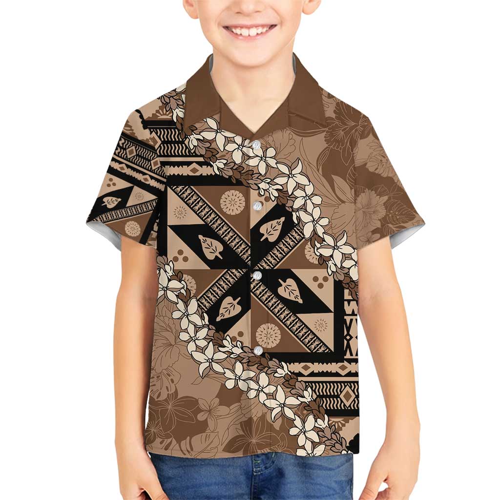 Bula Fiji Plumeria Tagimoucia Salusalu Mocha Family Matching Off Shoulder Short Dress and Hawaiian Shirt Kaiviti Masi - Polynesian Pride