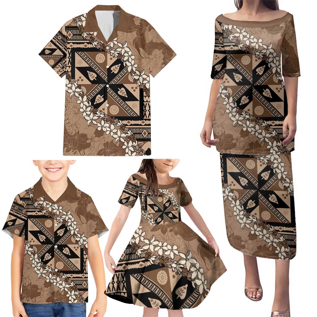 Bula Fiji Plumeria Tagimoucia Salusalu Mocha Family Matching Puletasi and Hawaiian Shirt Kaiviti Masi - Polynesian Pride