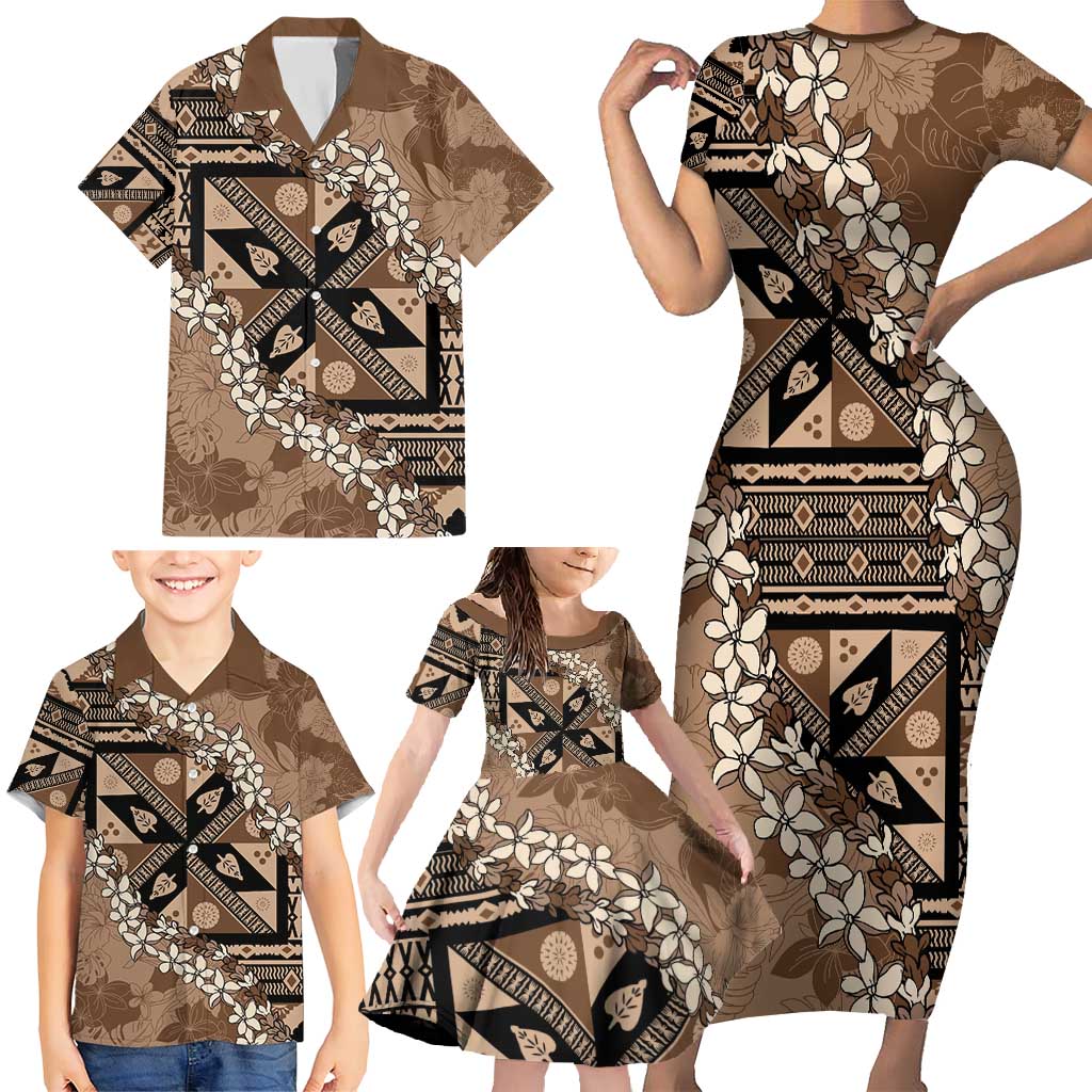 Bula Fiji Plumeria Tagimoucia Salusalu Mocha Family Matching Short Sleeve Bodycon Dress and Hawaiian Shirt Kaiviti Masi - Polynesian Pride