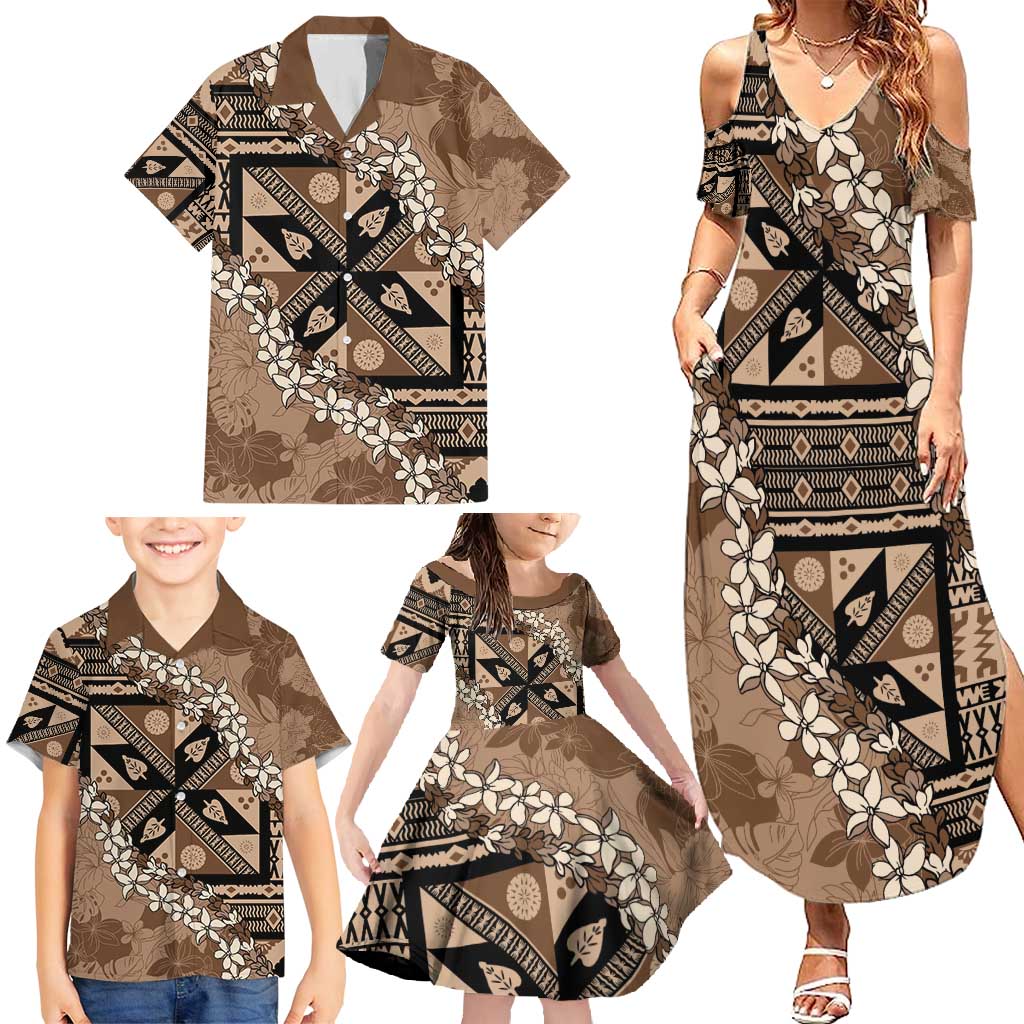 Bula Fiji Plumeria Tagimoucia Salusalu Mocha Family Matching Summer Maxi Dress and Hawaiian Shirt Kaiviti Masi - Polynesian Pride