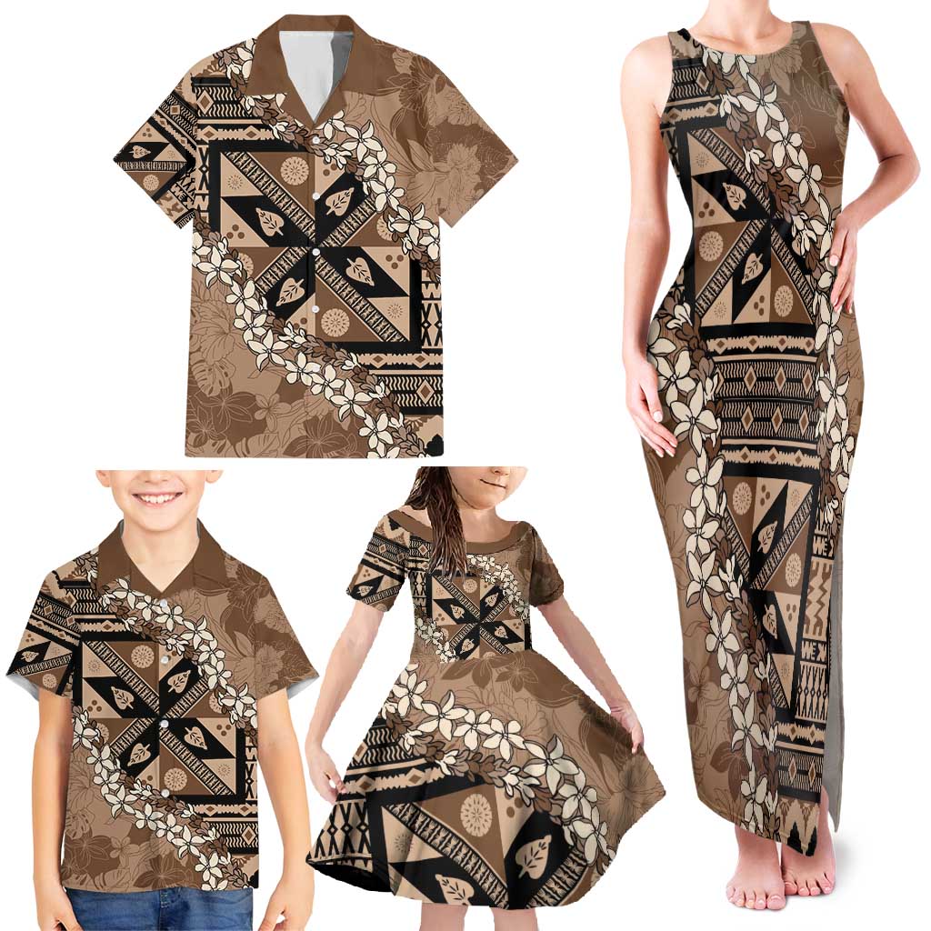 Bula Fiji Plumeria Tagimoucia Salusalu Mocha Family Matching Tank Maxi Dress and Hawaiian Shirt Kaiviti Masi - Polynesian Pride