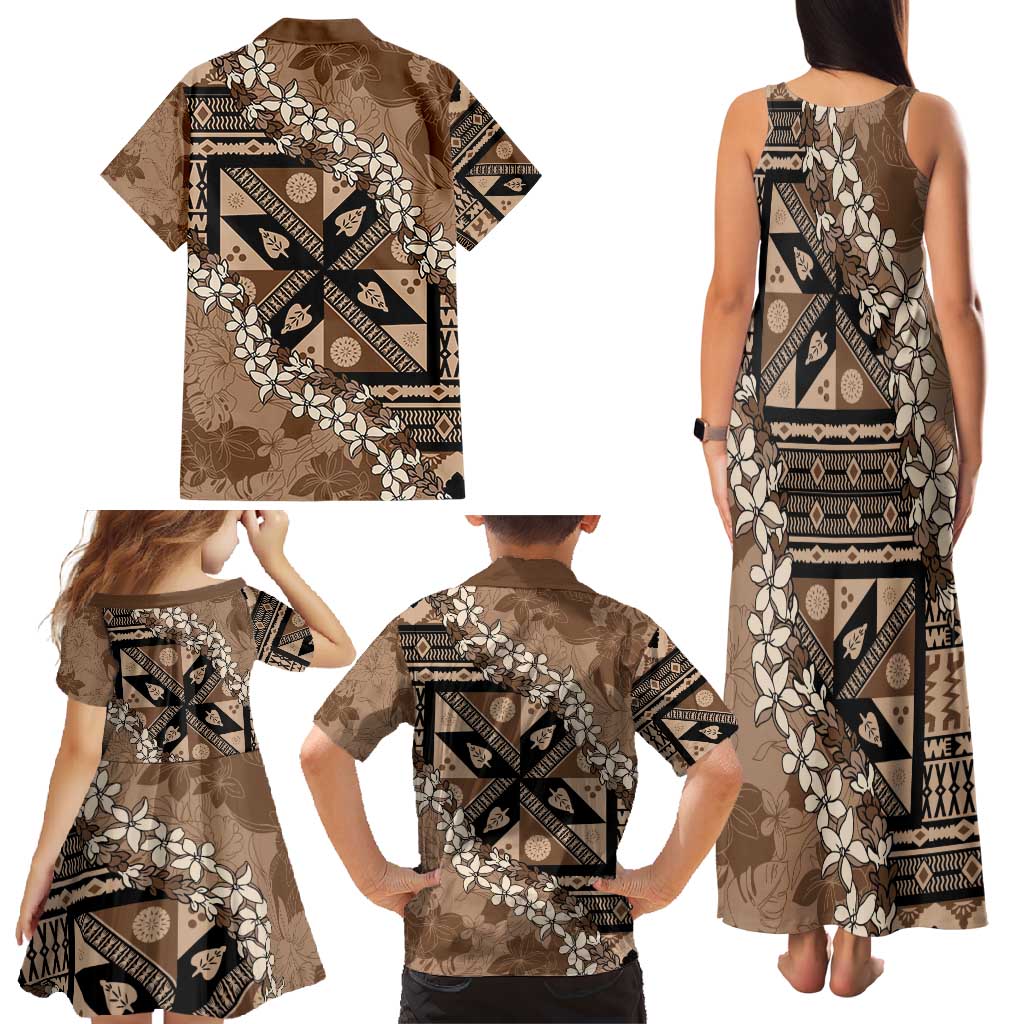 Bula Fiji Plumeria Tagimoucia Salusalu Mocha Family Matching Tank Maxi Dress and Hawaiian Shirt Kaiviti Masi - Polynesian Pride