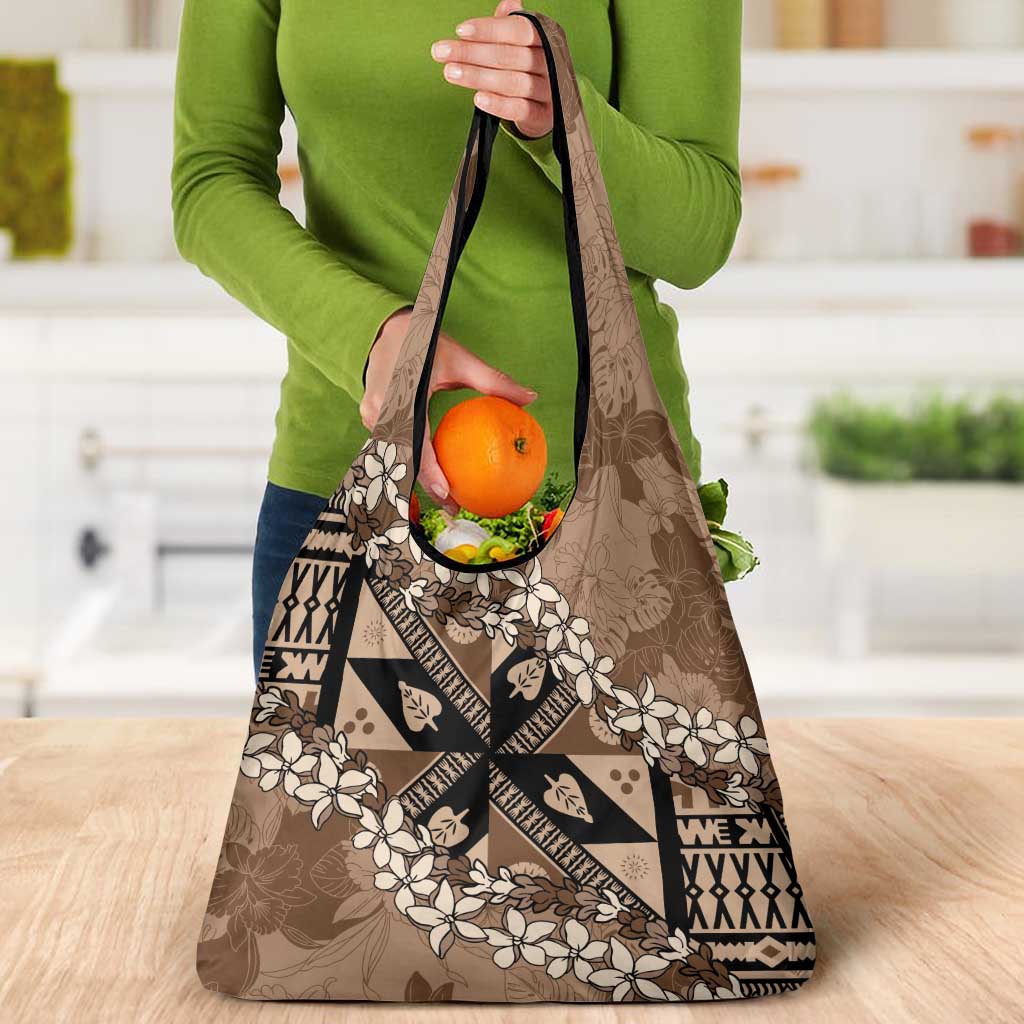 Bula Fiji Plumeria Tagimoucia Salusalu Mocha Grocery Bag Kaiviti Masi - Polynesian Pride