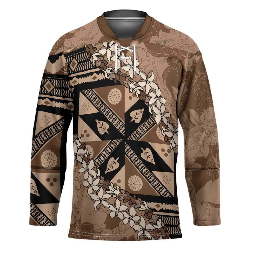 Bula Fiji Plumeria Tagimoucia Salusalu Mocha Hockey Jersey Kaiviti Masi - Polynesian Pride