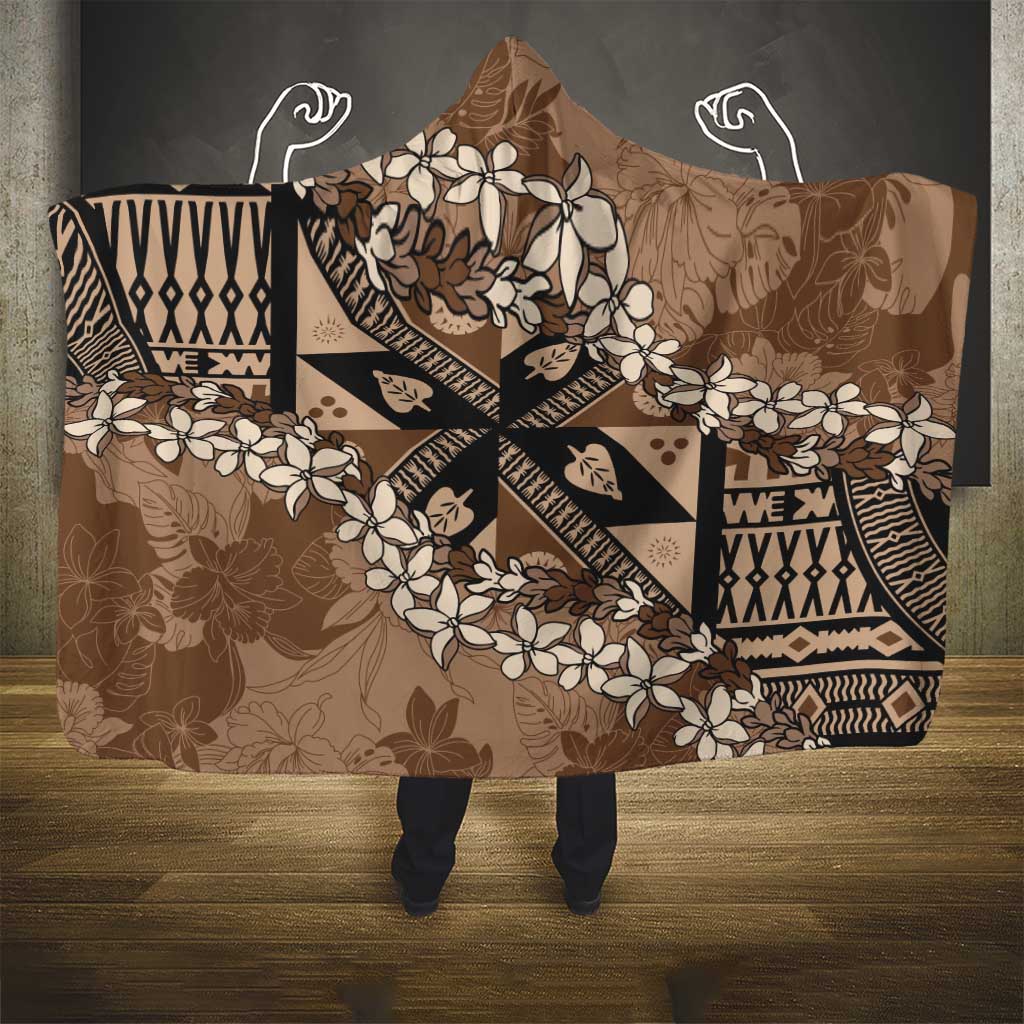 Bula Fiji Plumeria Tagimoucia Salusalu Mocha Hooded Blanket Kaiviti Masi - Polynesian Pride