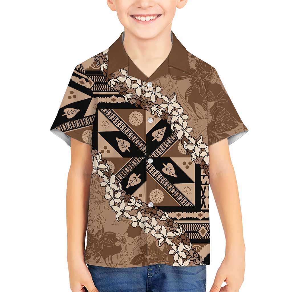 Bula Fiji Plumeria Tagimoucia Salusalu Mocha Kid Hawaiian Shirt Kaiviti Masi - Polynesian Pride