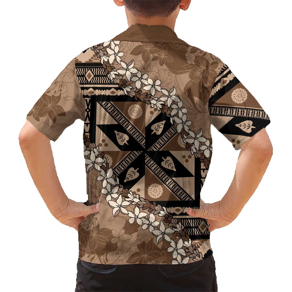 Bula Fiji Plumeria Tagimoucia Salusalu Mocha Kid Hawaiian Shirt Kaiviti Masi - Polynesian Pride