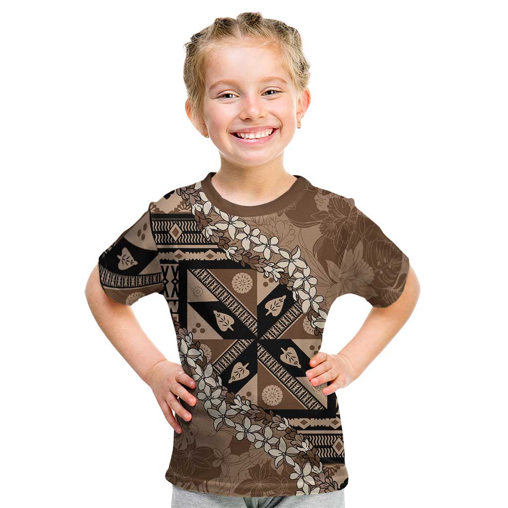Bula Fiji Plumeria Tagimoucia Salusalu Mocha Kid T Shirt Kaiviti Masi - Polynesian Pride