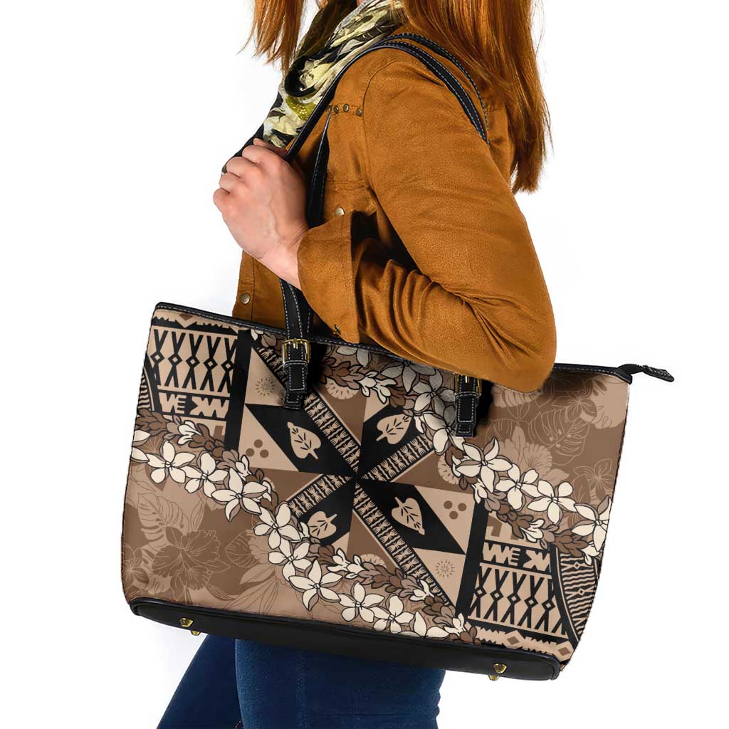 Bula Fiji Plumeria Tagimoucia Salusalu Mocha Leather Tote Bag Kaiviti Masi - Polynesian Pride