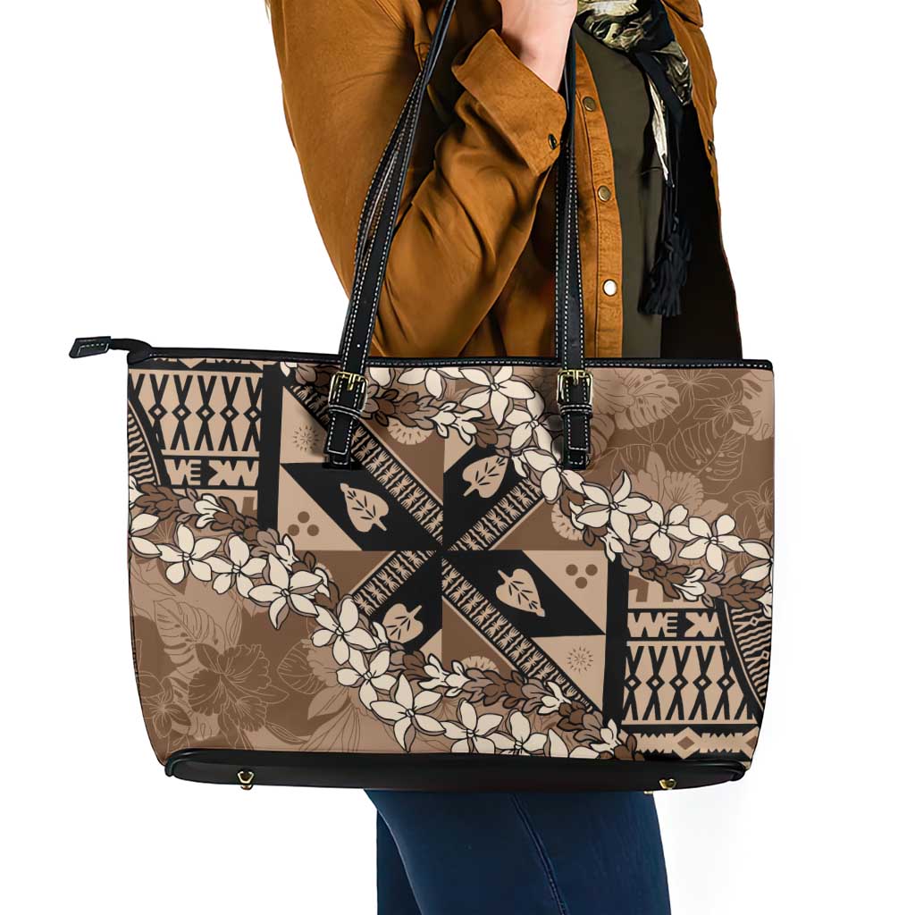 Bula Fiji Plumeria Tagimoucia Salusalu Mocha Leather Tote Bag Kaiviti Masi - Polynesian Pride