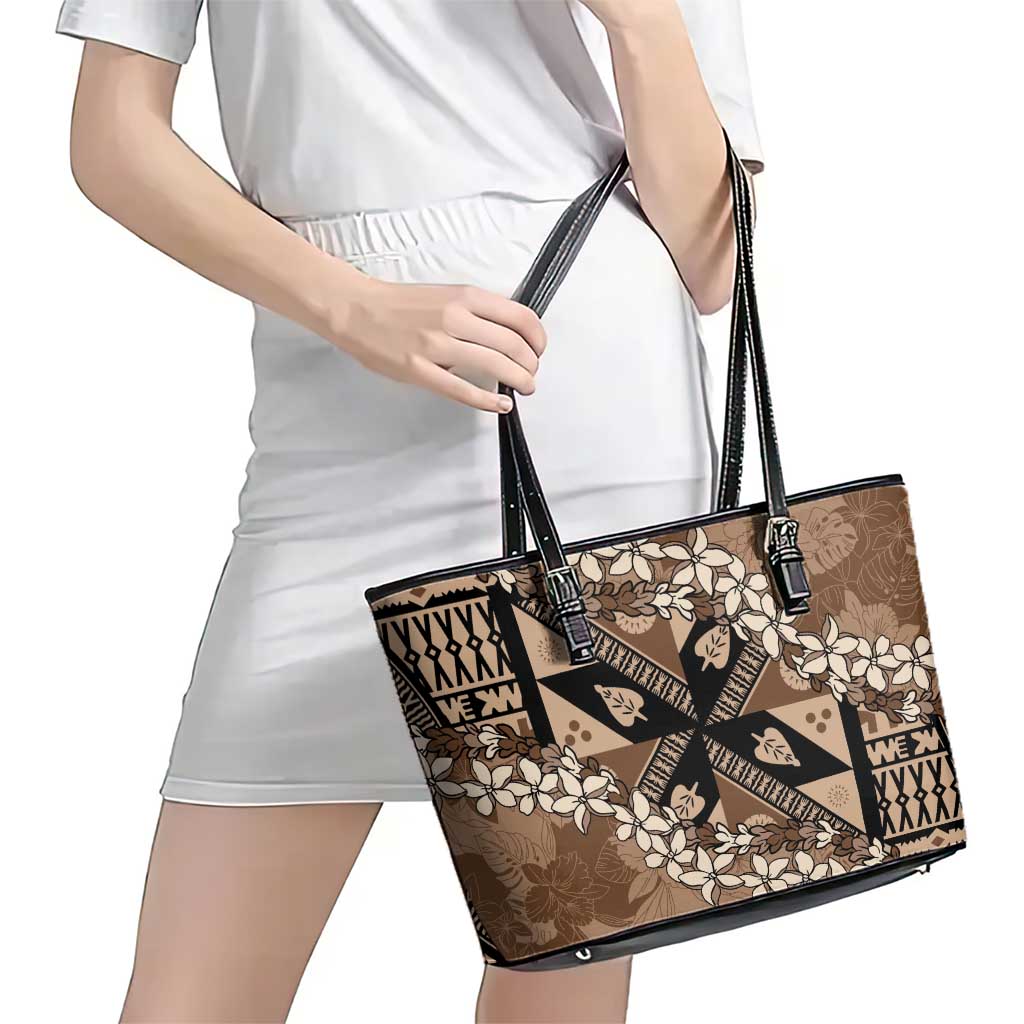 Bula Fiji Plumeria Tagimoucia Salusalu Mocha Leather Tote Bag Kaiviti Masi - Polynesian Pride