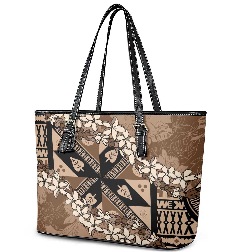 Bula Fiji Plumeria Tagimoucia Salusalu Mocha Leather Tote Bag Kaiviti Masi - Polynesian Pride
