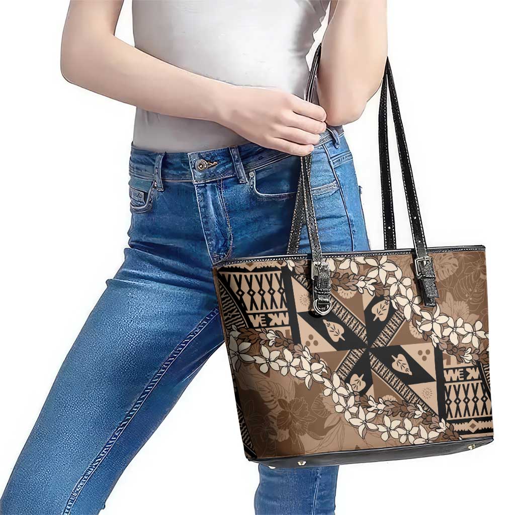 Bula Fiji Plumeria Tagimoucia Salusalu Mocha Leather Tote Bag Kaiviti Masi - Polynesian Pride