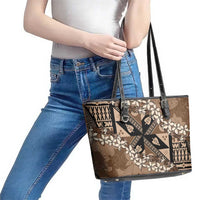 Bula Fiji Plumeria Tagimoucia Salusalu Mocha Leather Tote Bag Kaiviti Masi - Polynesian Pride