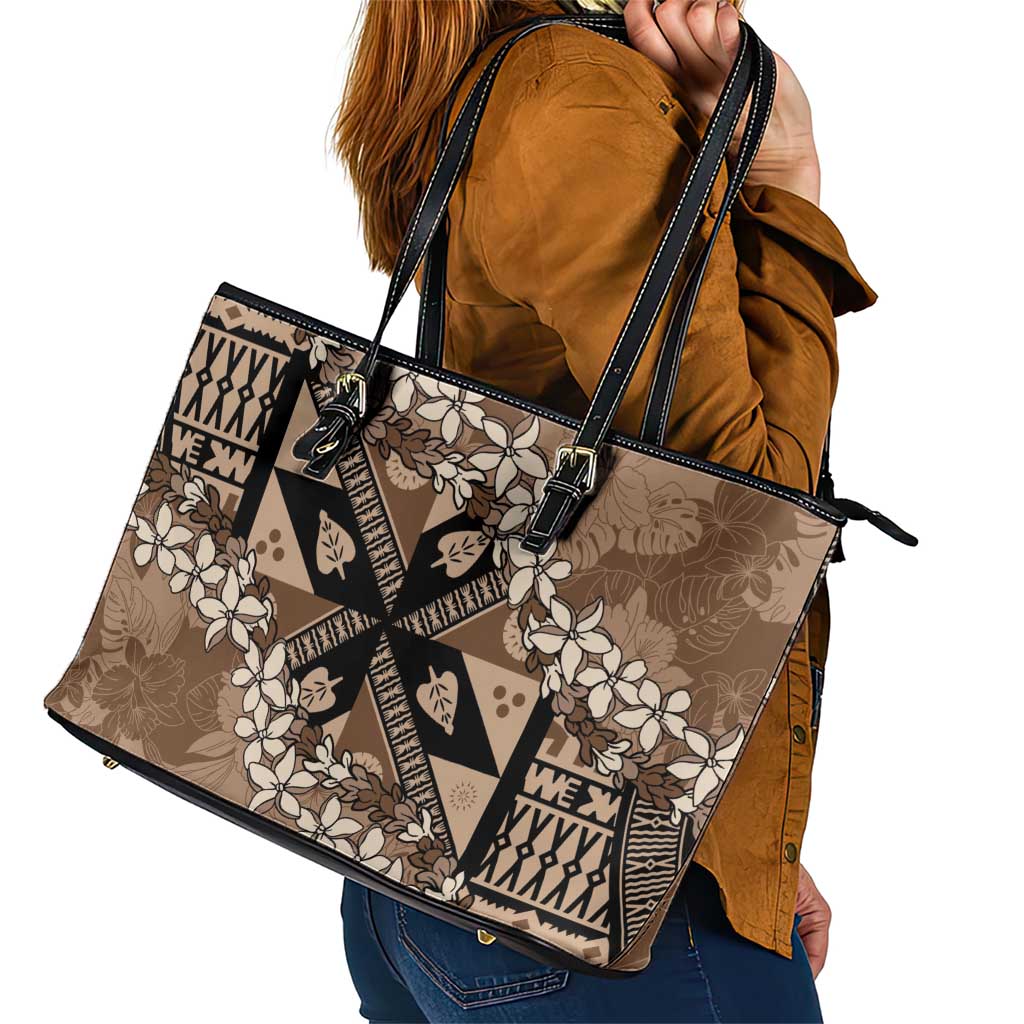 Bula Fiji Plumeria Tagimoucia Salusalu Mocha Leather Tote Bag Kaiviti Masi - Polynesian Pride